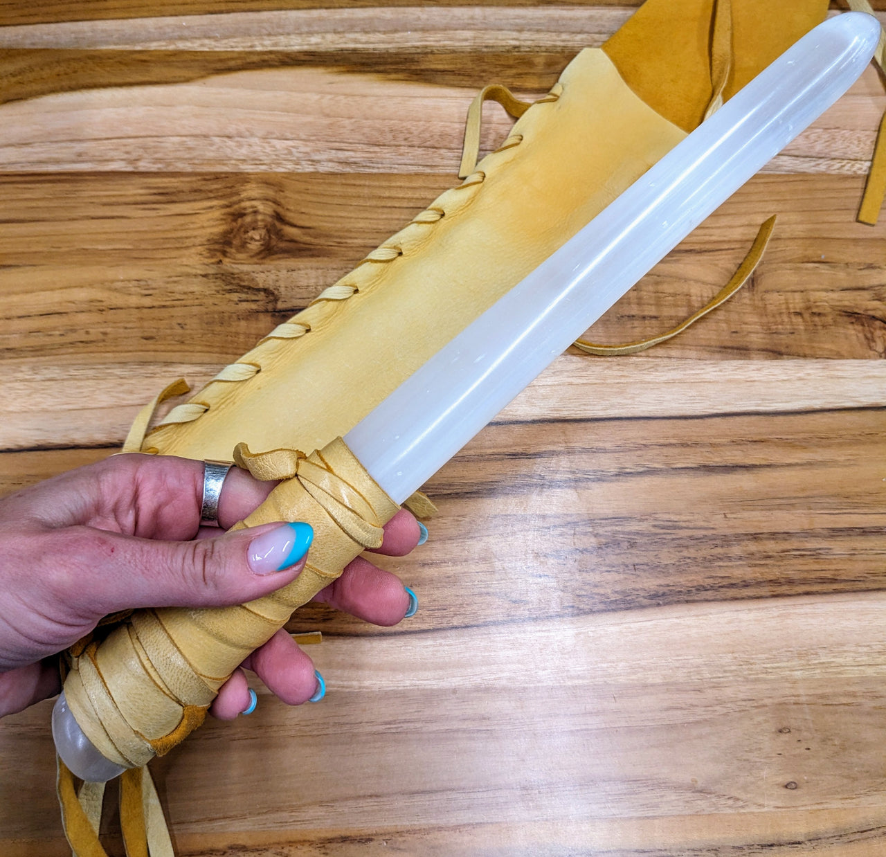 Shaman Selenite Wand with Deerskin Leather Handle and Pouch #MJ03