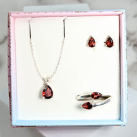 Thumbnail for Red Garnet Faceted Jewelry 3 pc Box Set Sterling Silver Earrings, Pendant, Adjustable Ring #LV3204