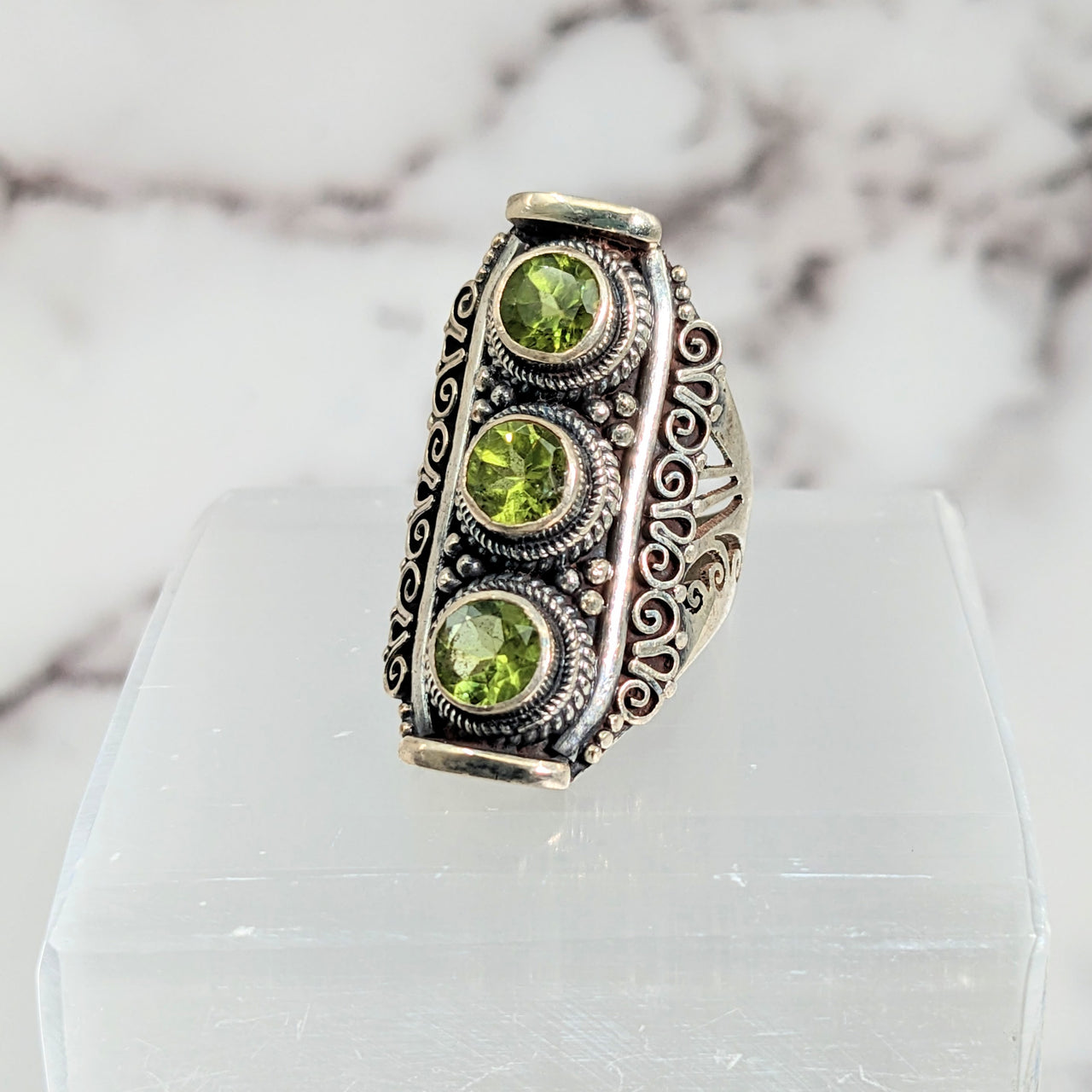 Peridot Faceted Sz 6.5 S.S. Triple Ring #LV2606