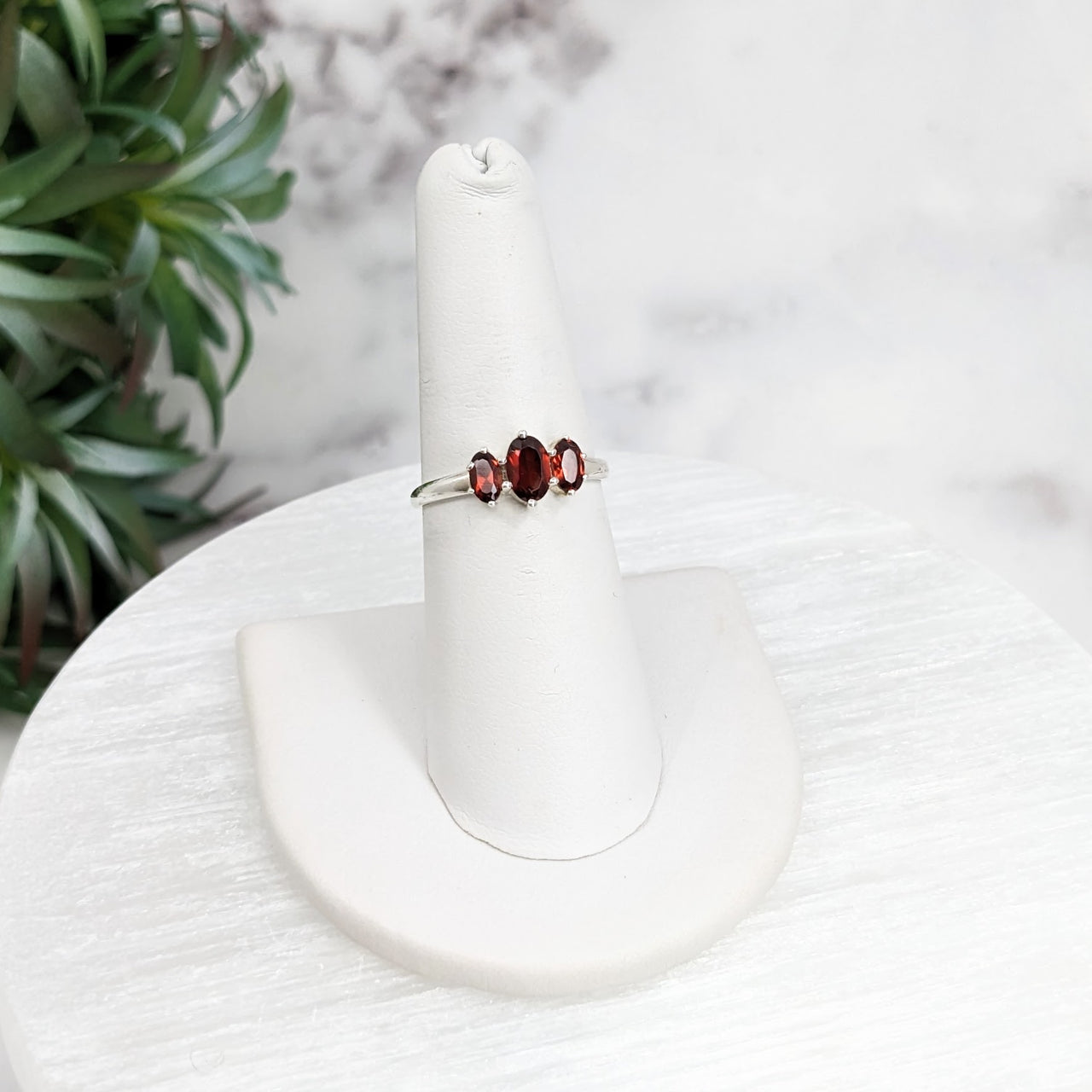 Red Garnet Faceted Oval 3 Stone Sterling Silver Dainty Ring, Size 6 - 8 #LV3213