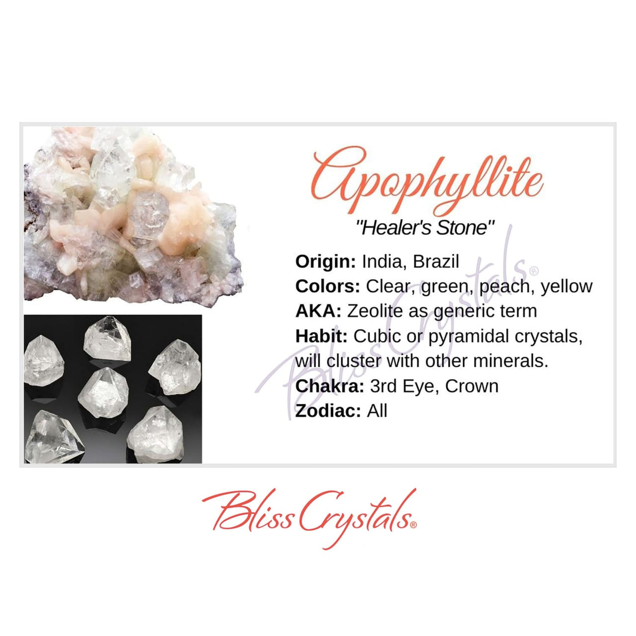 APOPHYLLITE Crystal Information Card Double sided #HC94