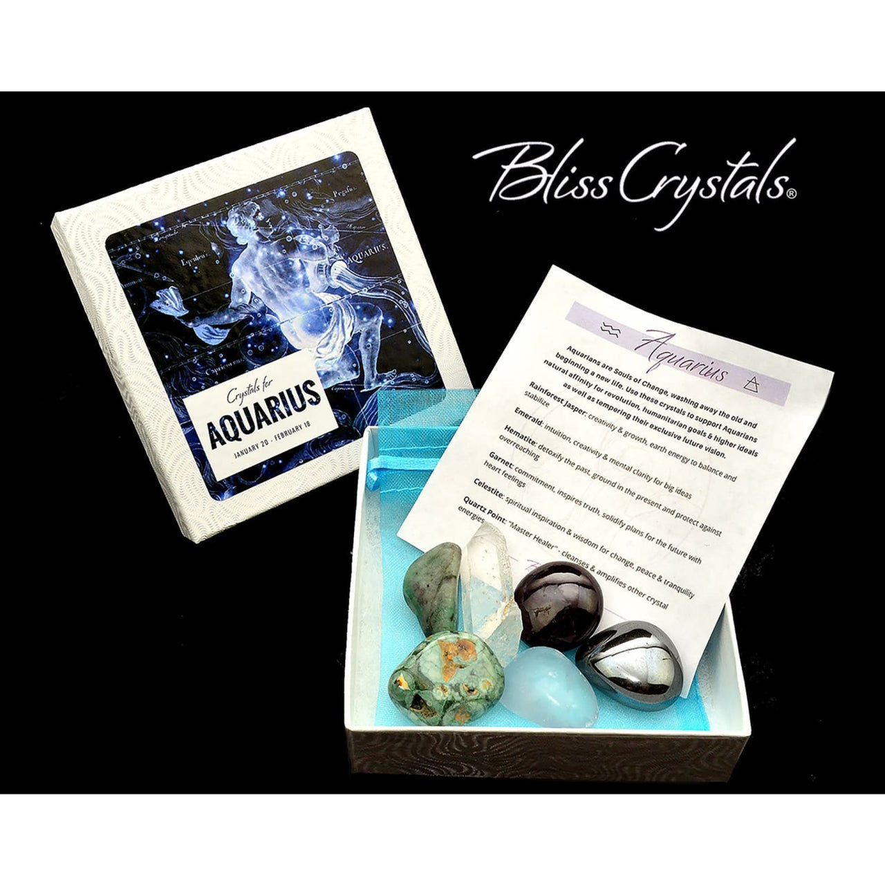 AQUARIUS Zodiac Set of 6 Crystals + Gift Box Bag & Info Card