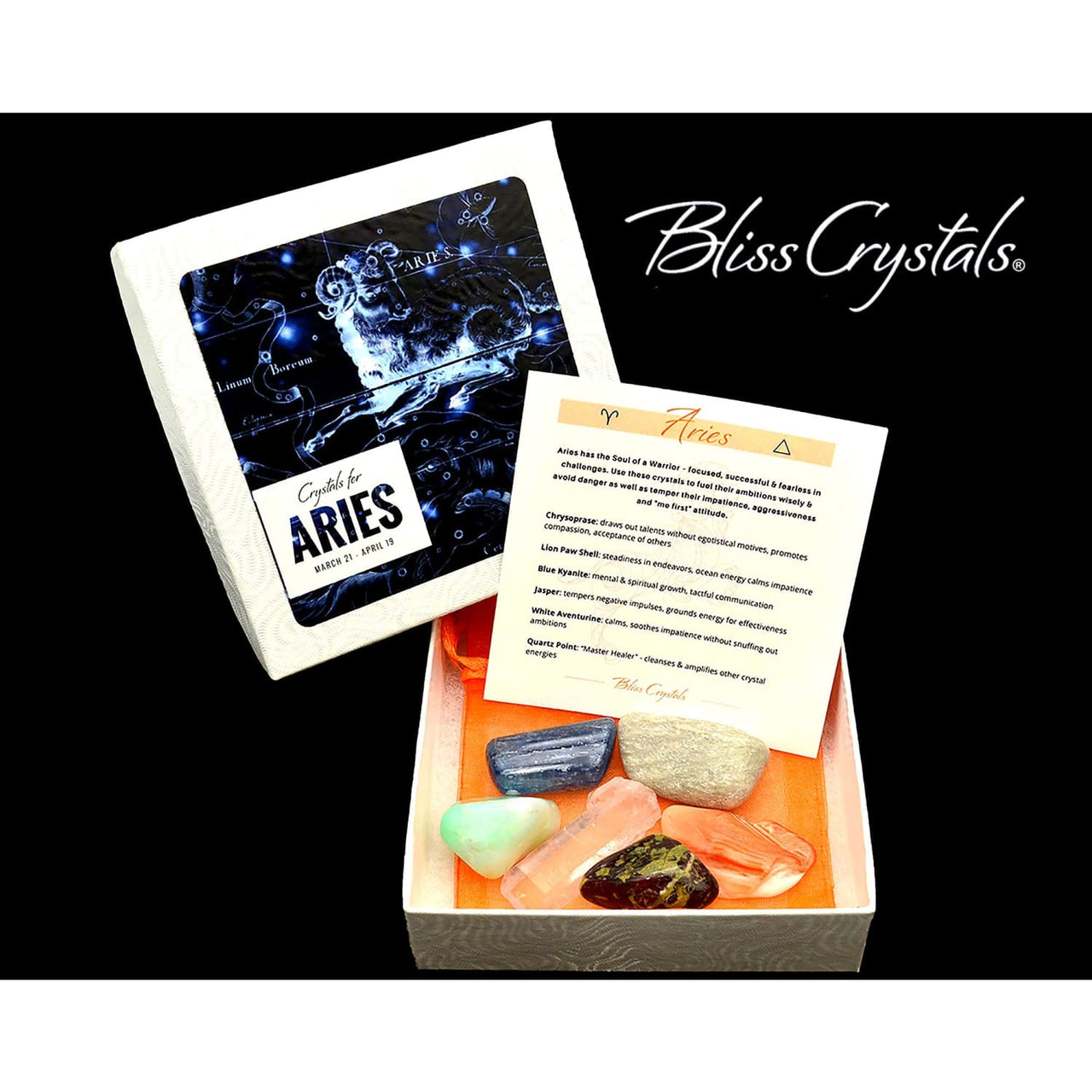 ARIES Zodiac Set of 6 Crystals + Gift Box Bag & Info Card 