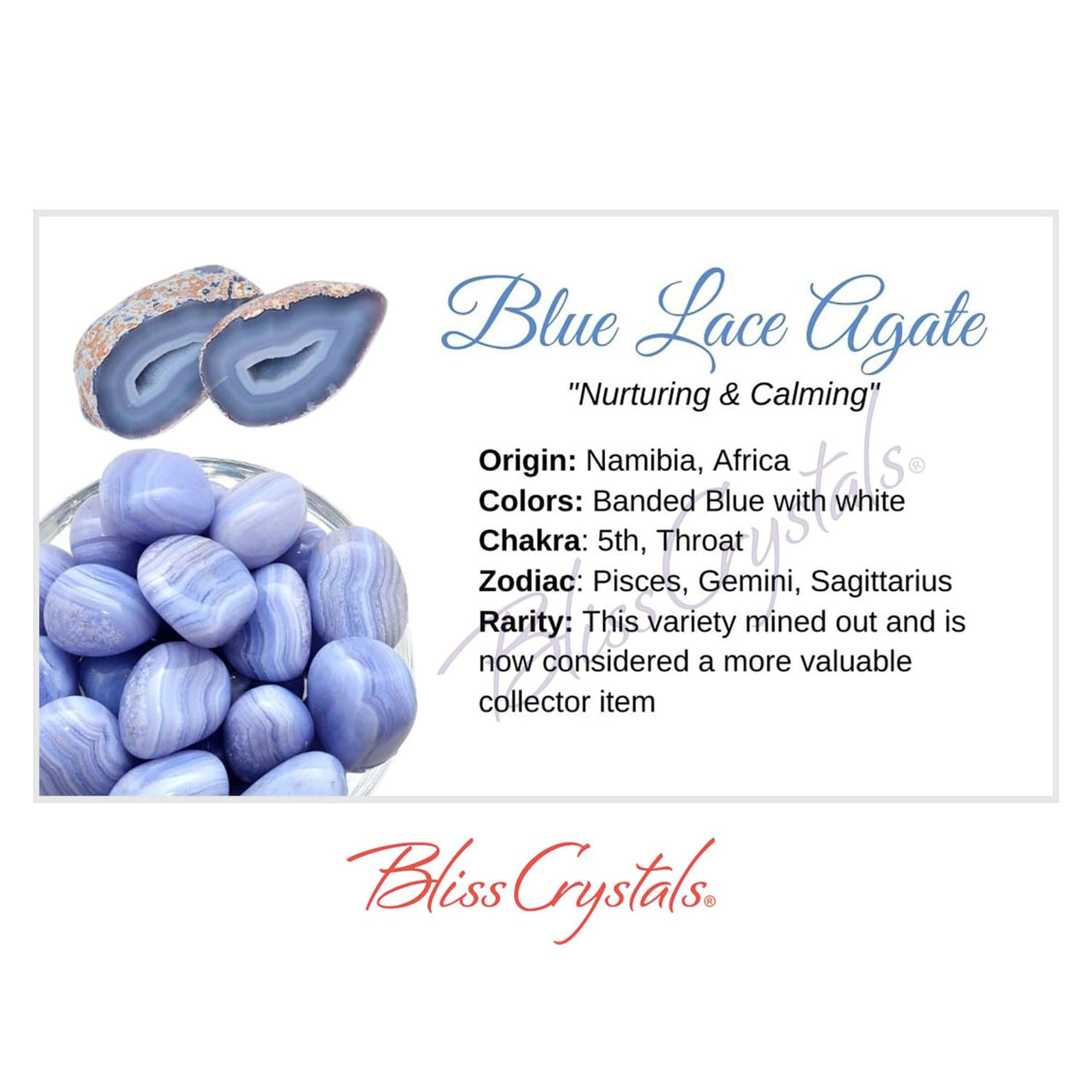 BLUE LACE AGATE Crystal Information Card Double sided #HC16