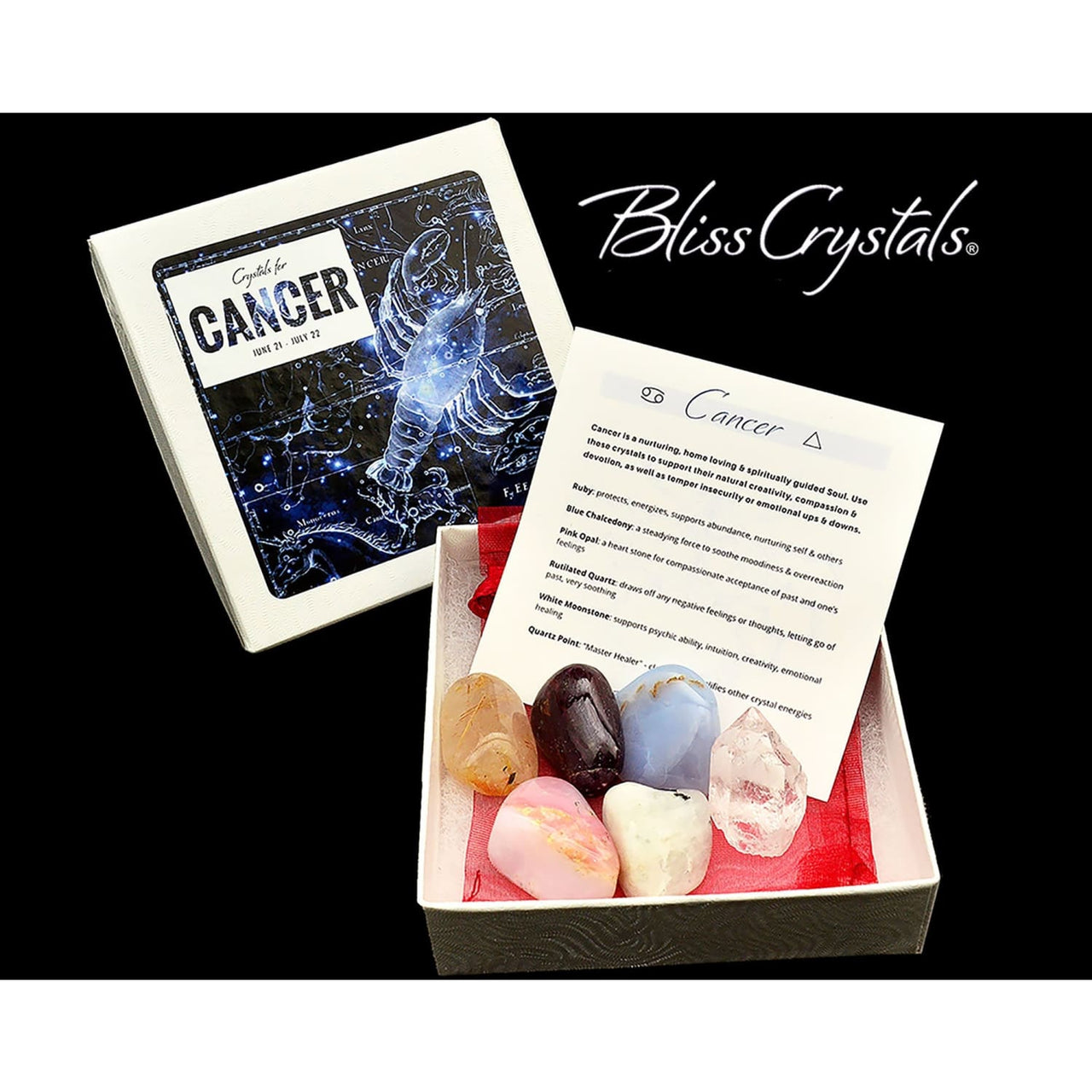 CANCER Zodiac Set of 6 Crystals + Gift Box Bag & Info Card 