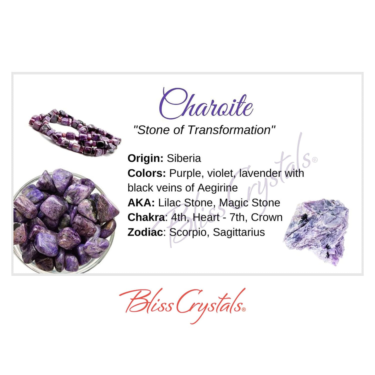 CHAROITE Crystal Information Card Double sided #HC17