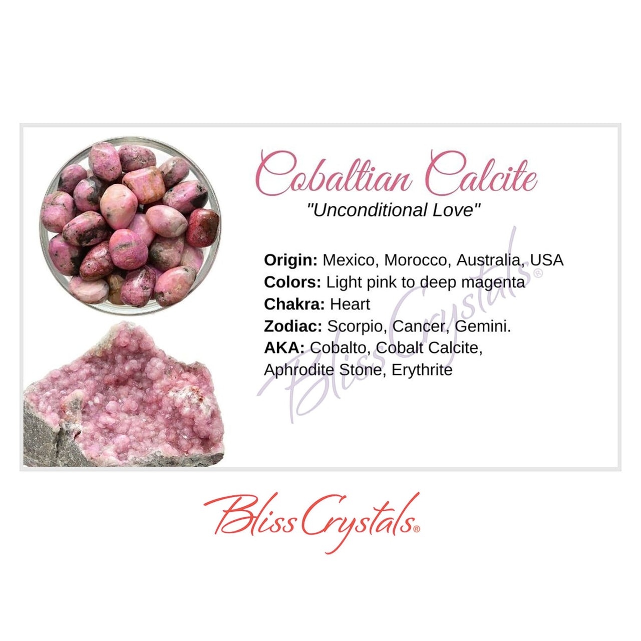 COBALTIAN CALCITE Crystal Information Card Double sided 