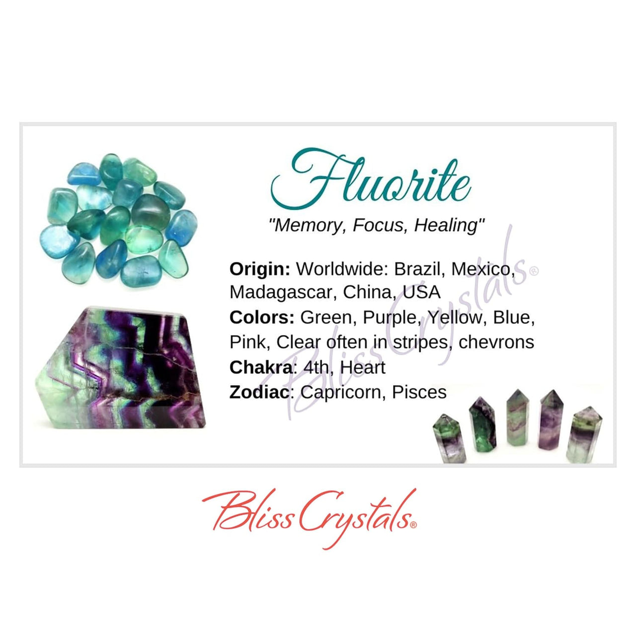 FLUORITE Crystal Information Card Double sided #HC24