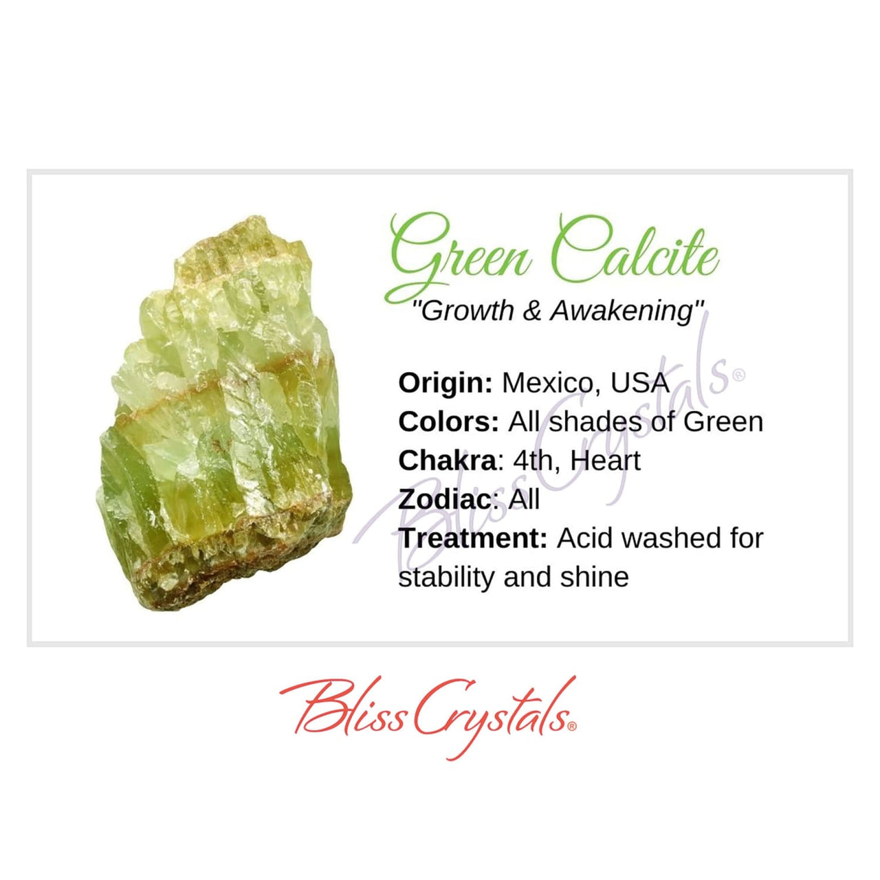 GREEN CALCITE Crystal Information Card Double sided #HC27