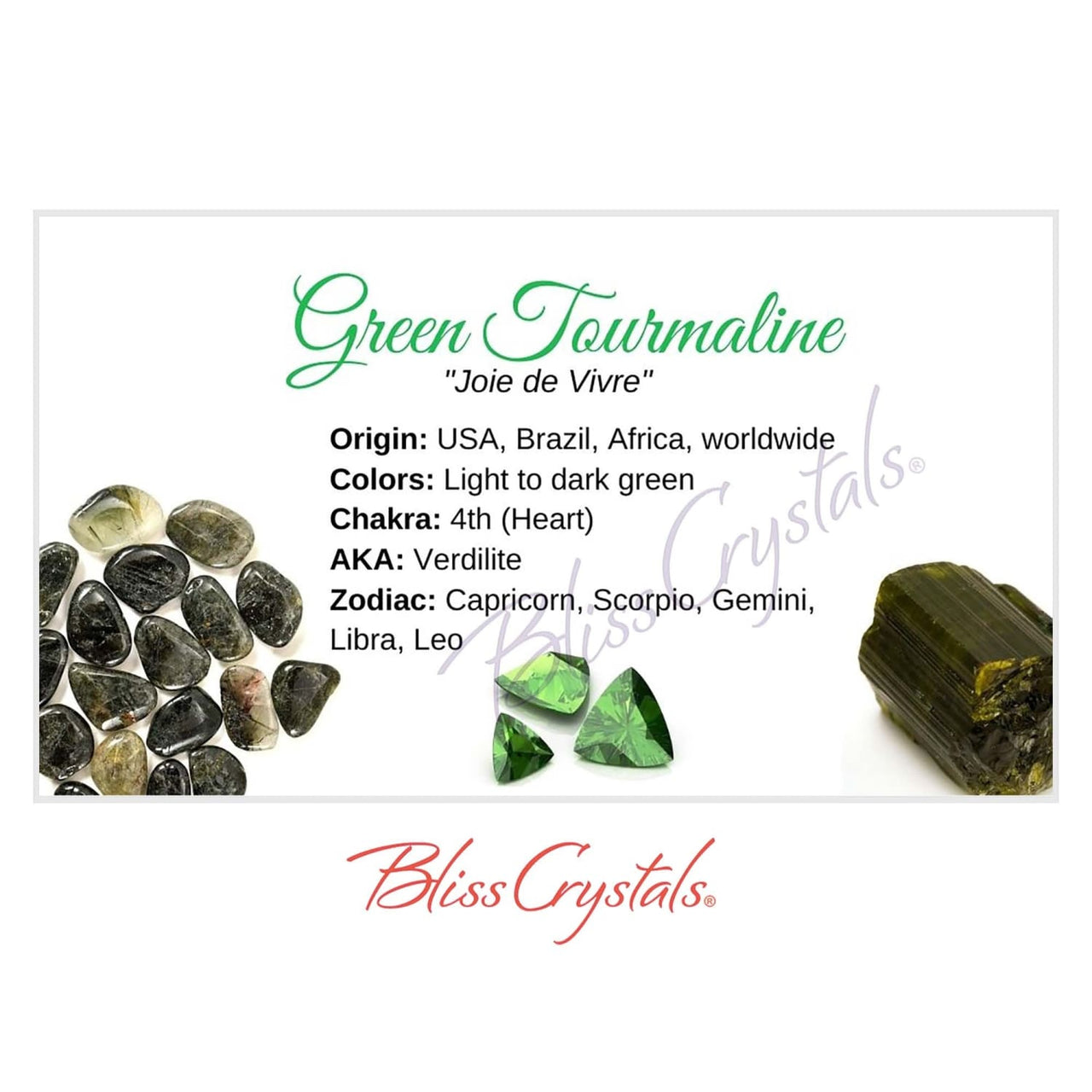 GREEN TOURMALINE Crystal Information Card Double sided 
