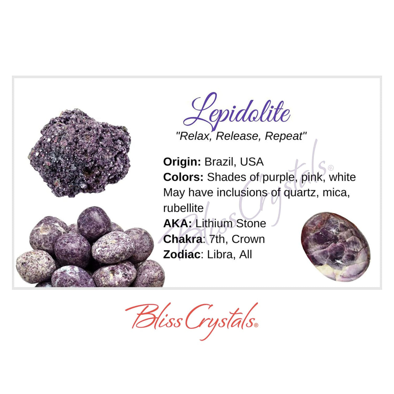 LEPIDOLITE Crystal Information Card Double sided #HC29 - 