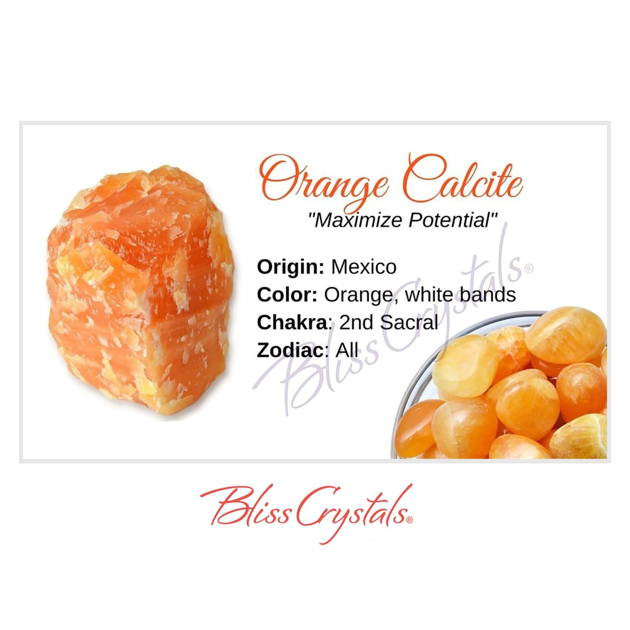 ORANGE CALCITE Crystal Information Card Double sided #HC74