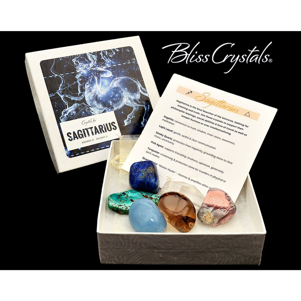 SAGITTARIUS Zodiac Set of 6 Crystals + Gift Box Bag & Info 
