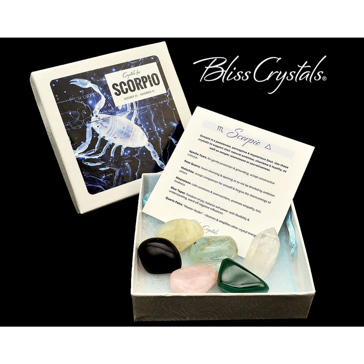 SCORPIO Zodiac Set of 6 Crystals + Gift Box Bag & Info Card 