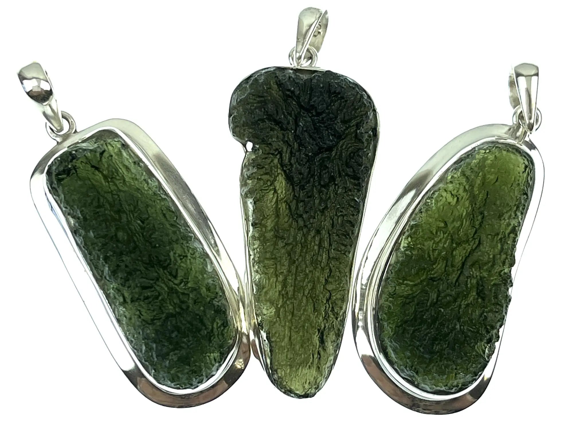 A close-up image of a green Moldavite crystal, showing its unique texture and translucent appearance.