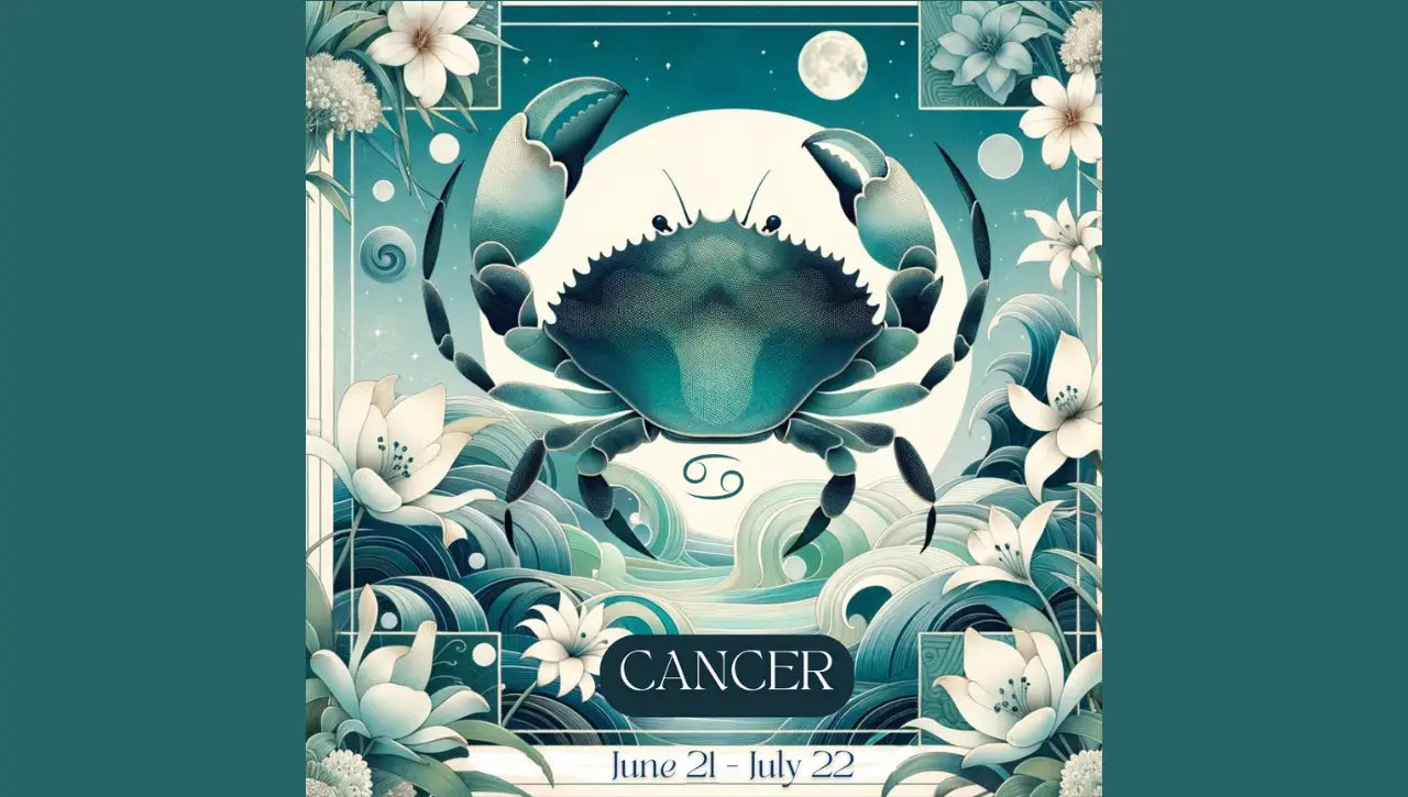 Cancer Season illustration: gentle crab with soft colors, moon, and stars; blog graphic.