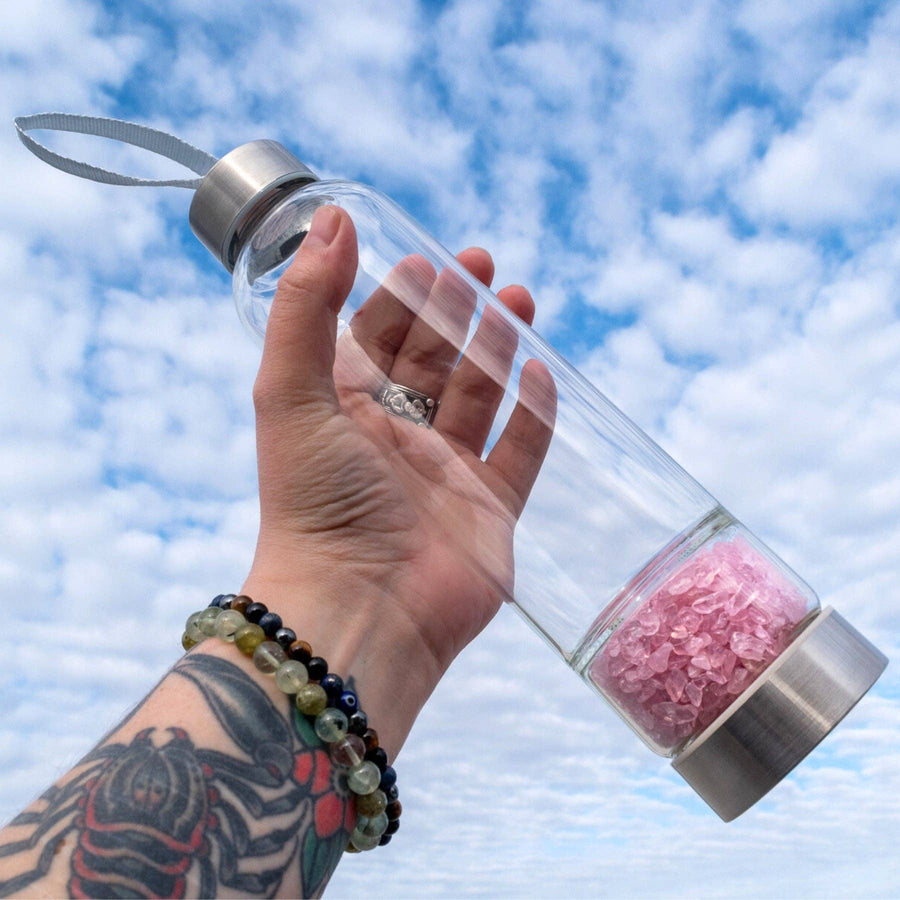 Glass Water Bottle with Crystal Compartment and Sleeve - includes mini crystals #BC0557