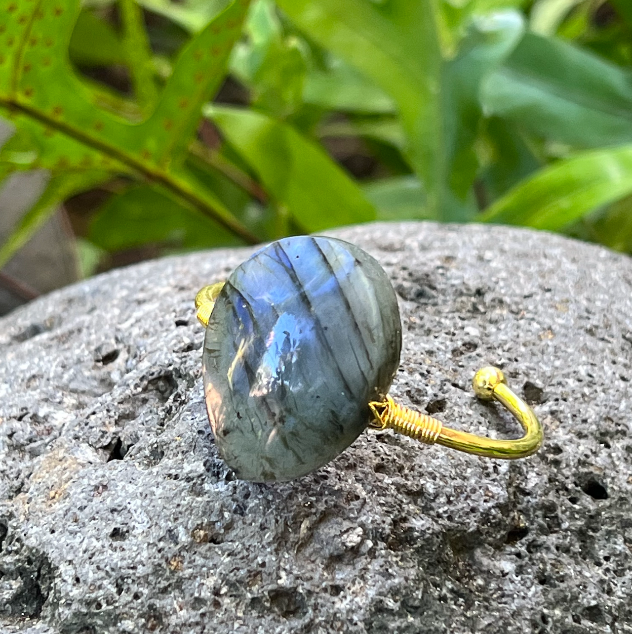 Labradorite Large Gemstone Gold Bangle Cuff Bracelet #LV5286