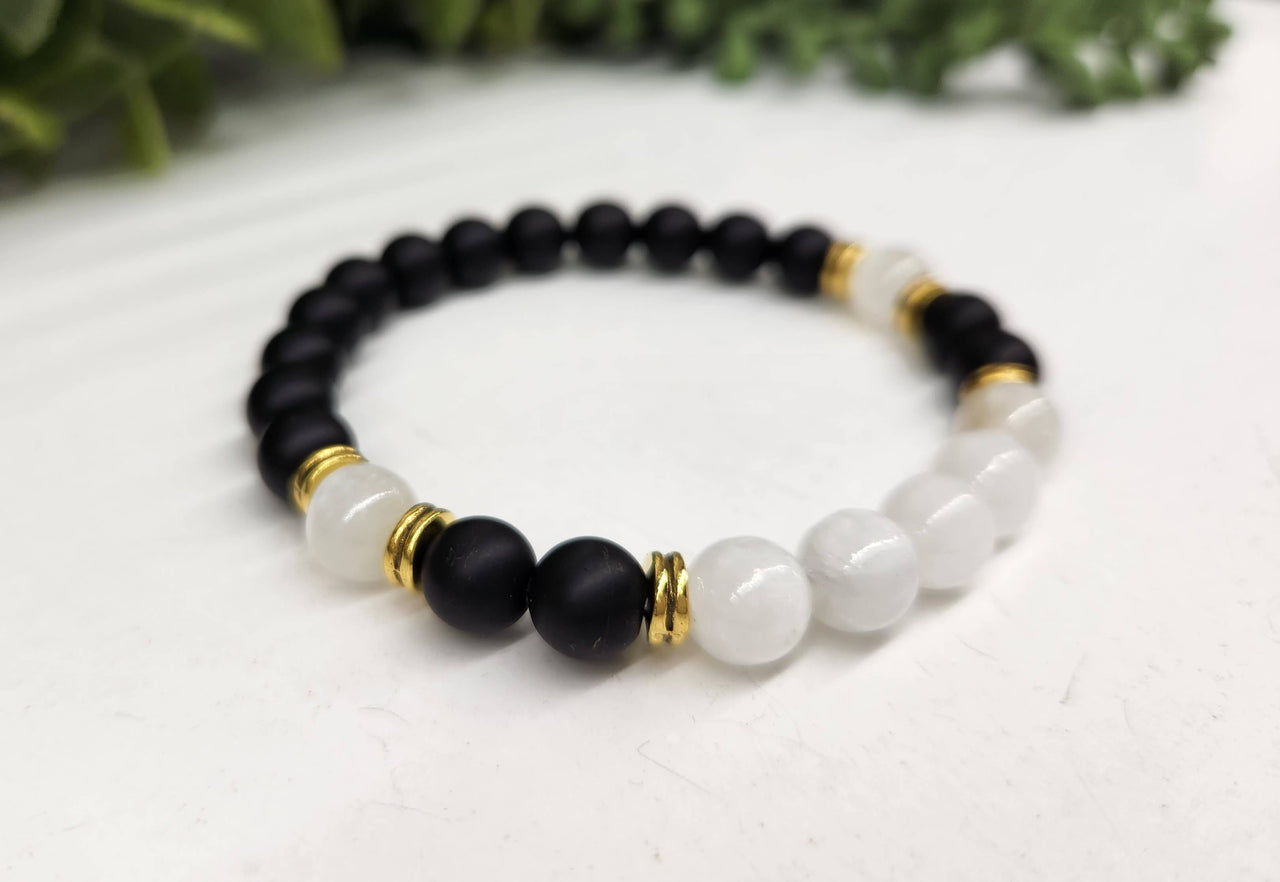 Cleansing Bracelet with Black Obsidian & Selenite 8mm Beads 7.5" Length #LV3997