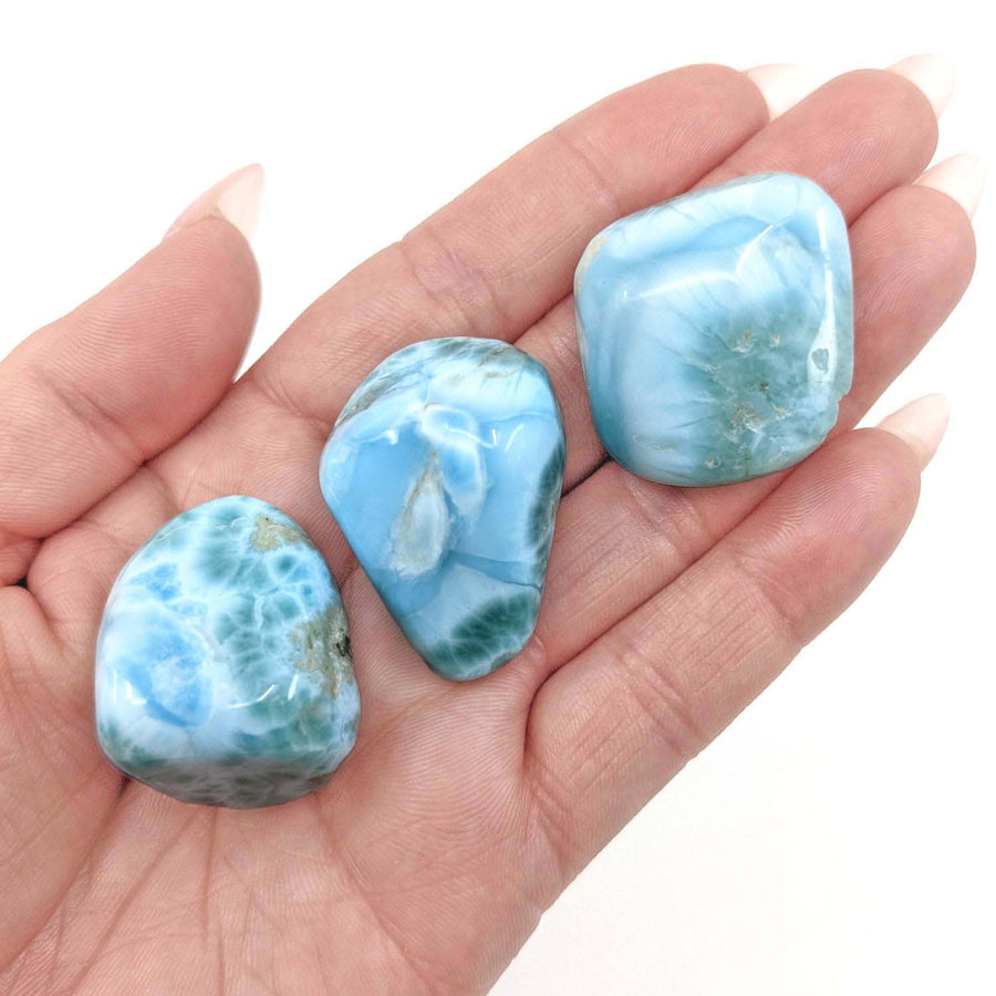 Three polished Larimar Grade A XL stones resting in a palm for referral history