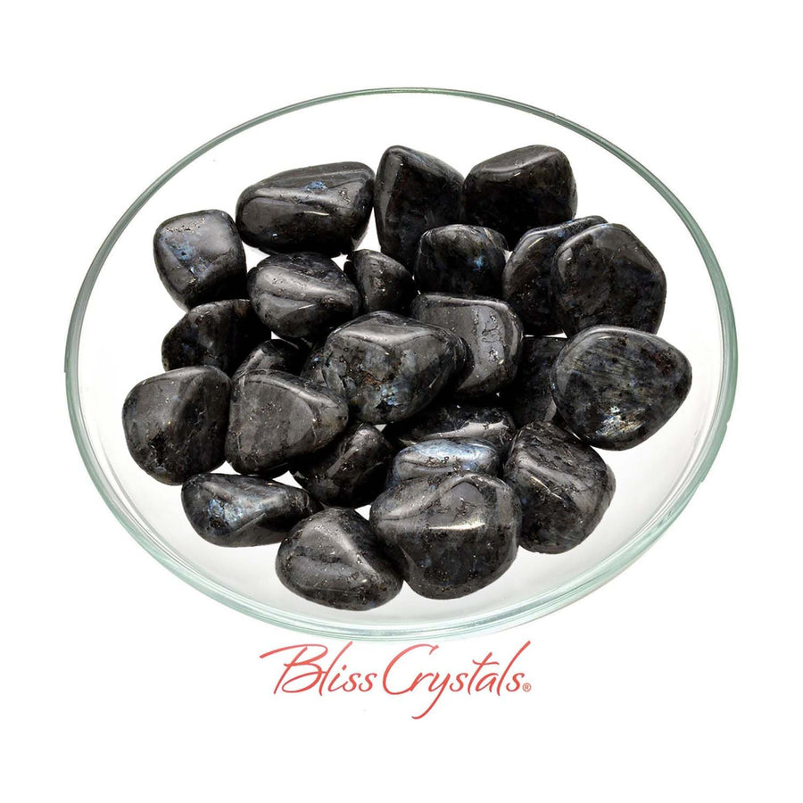 Polished black tourmaline stones in a dish for Black Moonstone and Blue Pearl Moonstone