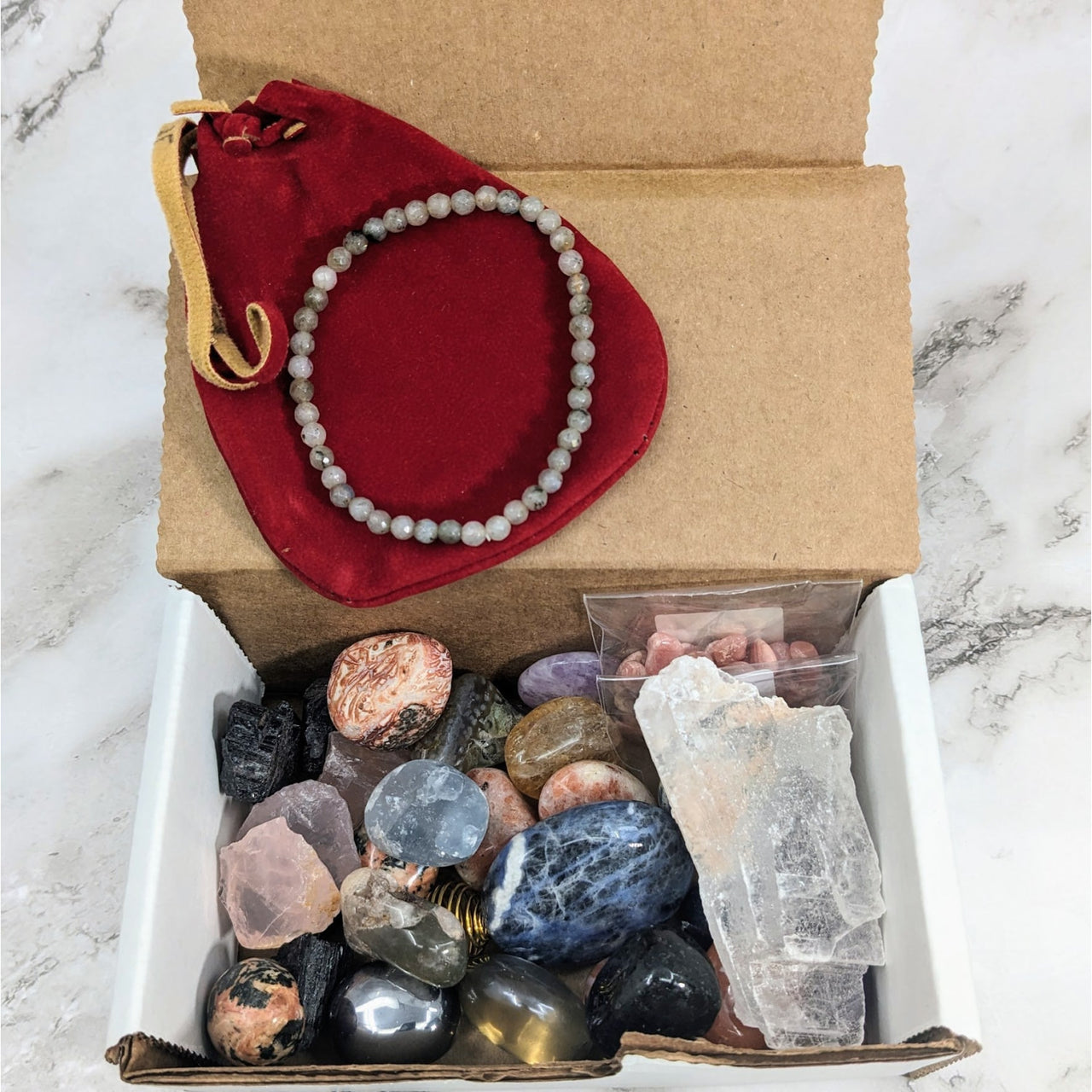 Box of rough stones and red velvet bag - 1 lb Treasure Box Mixed Stones #SK8100