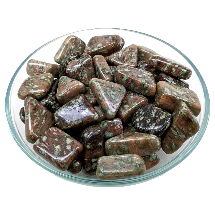 Polished brown and green Nundoorite Large Tumbled Stone in a glass dish