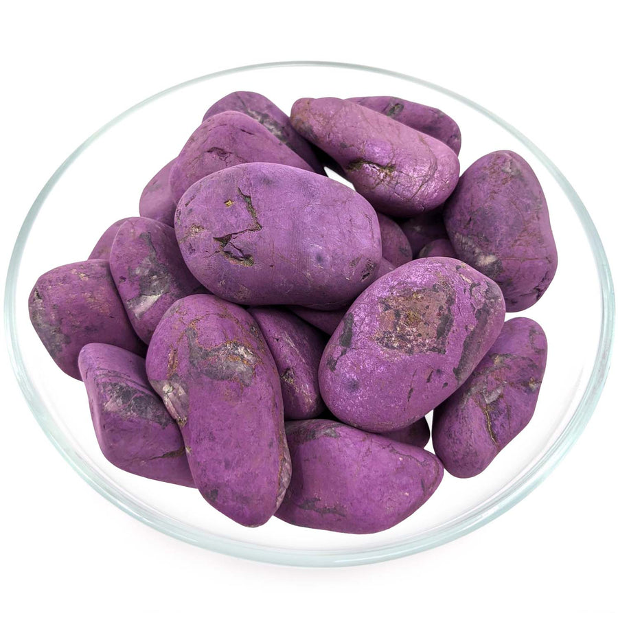 Purple potatoes in a clear glass bowl next to Purpurite XL Tumbled Stone #SK6326
