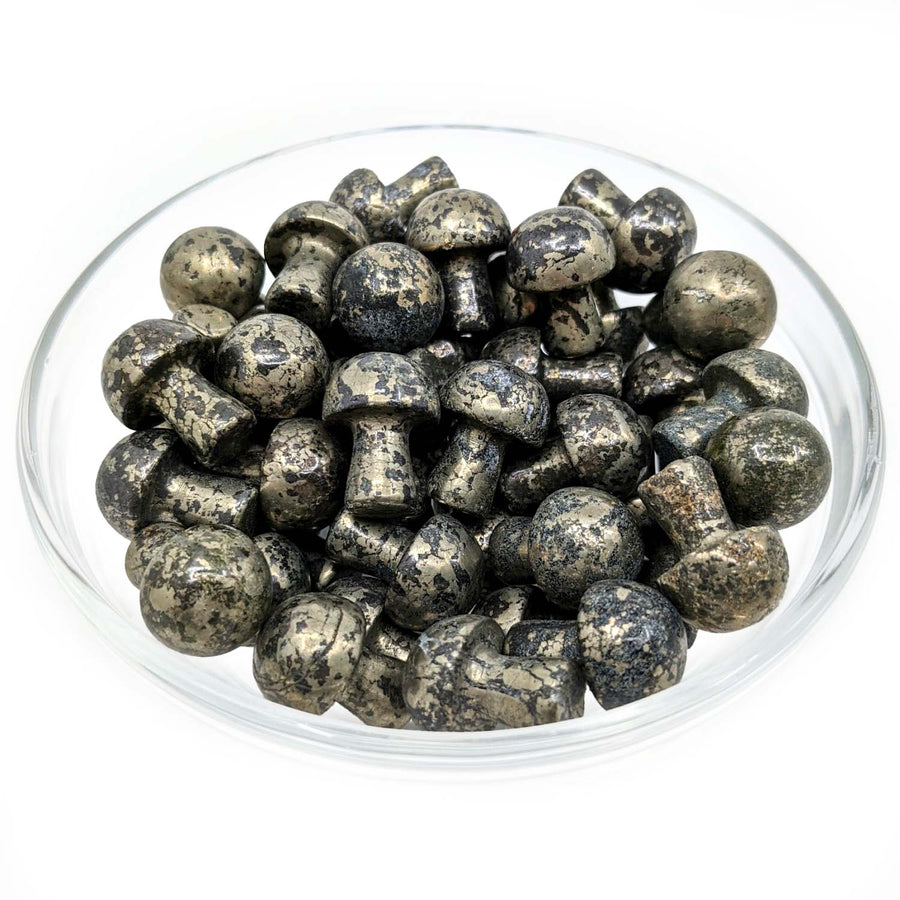 Bowl of black and white marble pebbles with 1 Pyrite Mushroom Carving SK9202 8g
