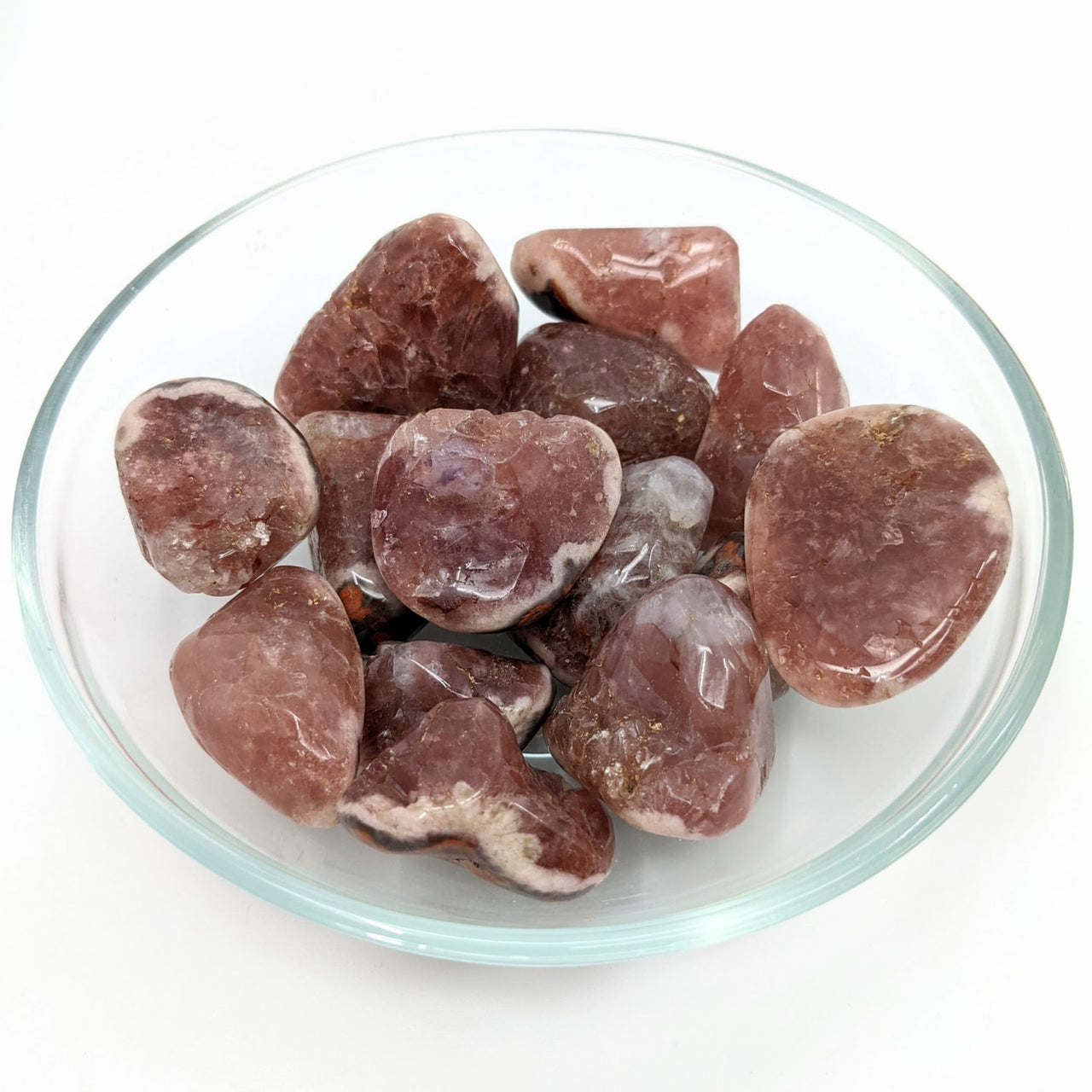 Red Amethyst Arafed Pink Stones in Glass Bowl on White Surface - Product LV1268