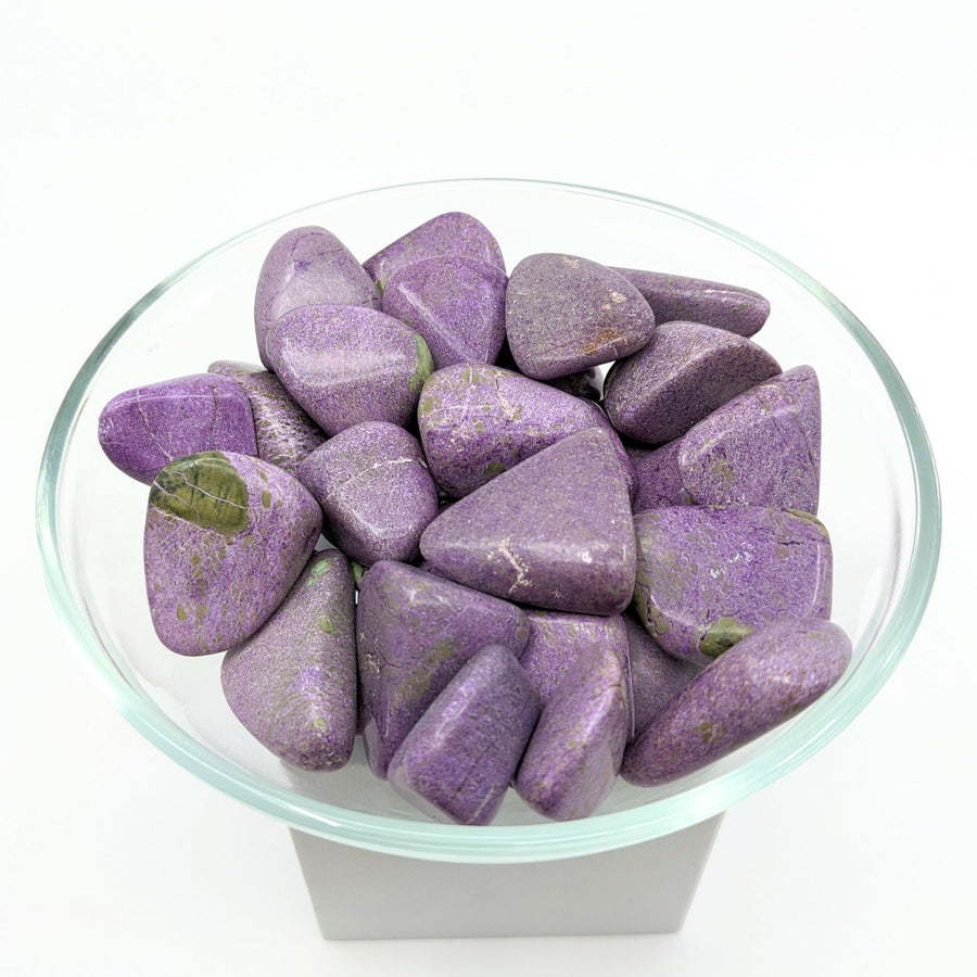 A bowl of purple Stichtite AA XL tumbled stones for sale #LV1253