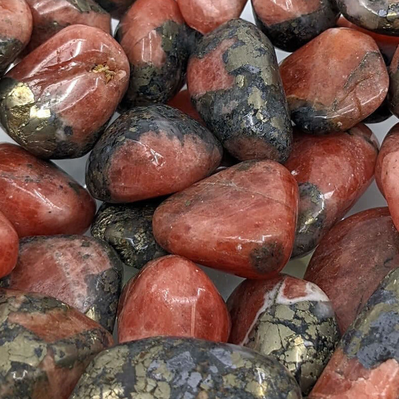 Red and black tourmaline in a ’1 Triplite Wagnerite in Pyrite ’AA’ Tumbled (19g) #SK6322’ stone