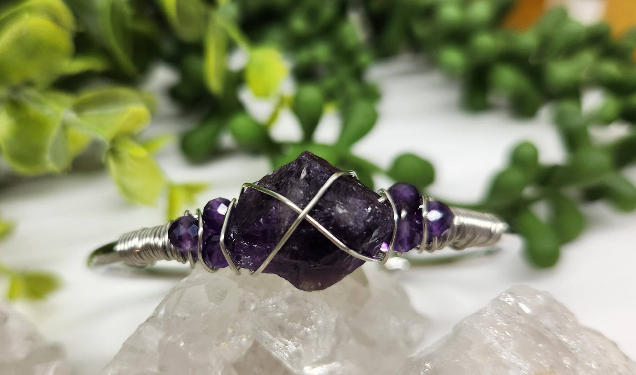 Amethyst Gemstone Wire Wrapped Bangle Cuff Bracelet #LV4377