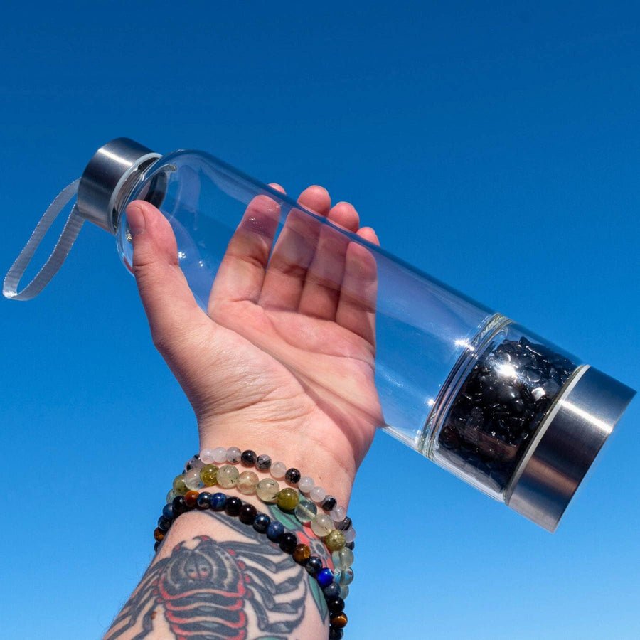 Glass Water Bottle with Crystal Compartment and Sleeve - includes mini crystals #BC0557