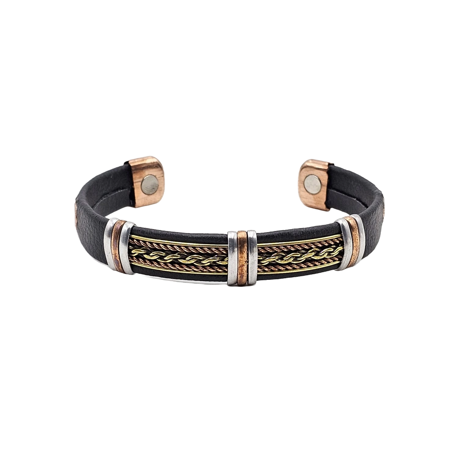 Magnetic Copper Bracelet Cuff - Wrapped Faux Leather #BC0596