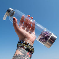 Glass Water Bottle with Crystal Compartment and Sleeve - includes mini crystals #BC0557