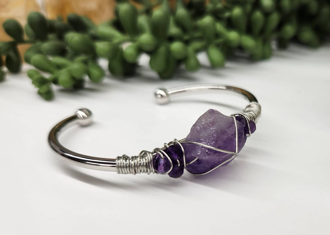 Amethyst Gemstone Wire Wrapped Bangle Cuff Bracelet #LV4377