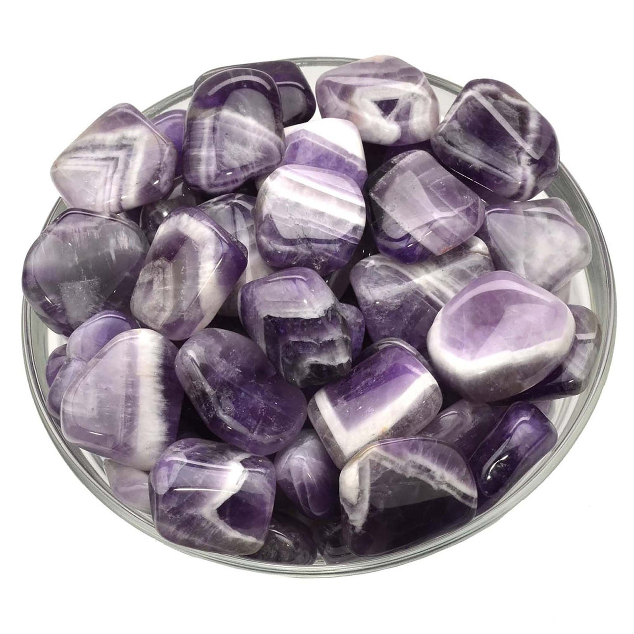 Amethyst tumbled stone in a bowl showcasing 2 Banded Amethyst Tumbled Stone Flats