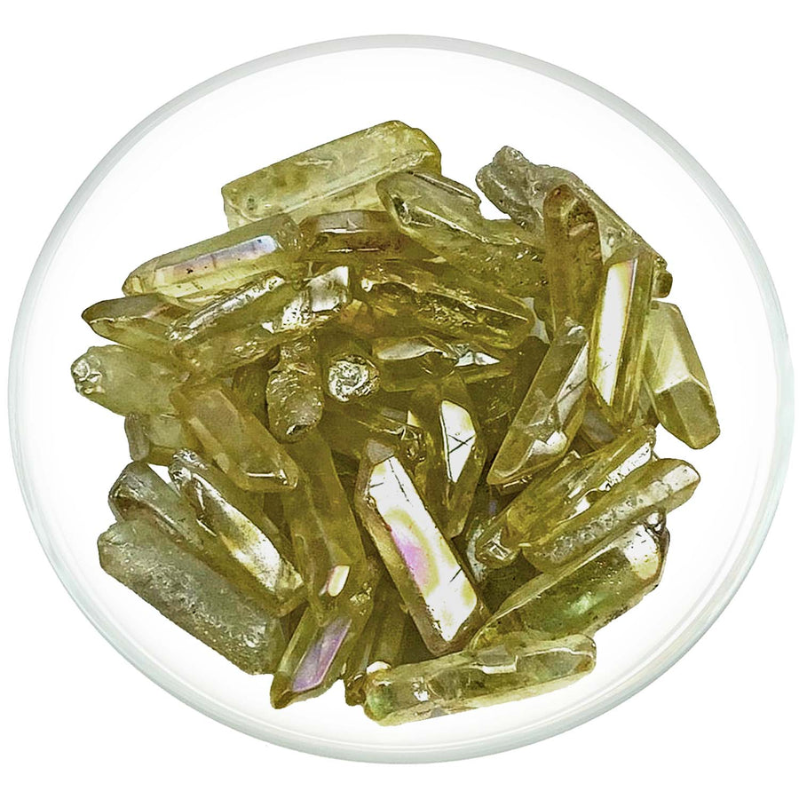 Cluster of pale green Golden Aura Quartz Points with prismatic crystal formations