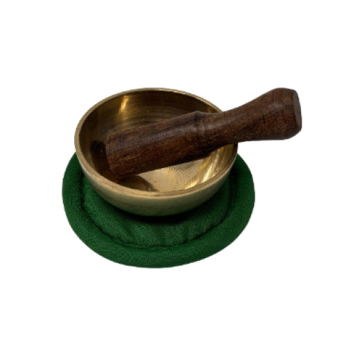 2 Inch Golden Tibetan Singing Bowl LV9550 with Wooden Mallet on Green Mat