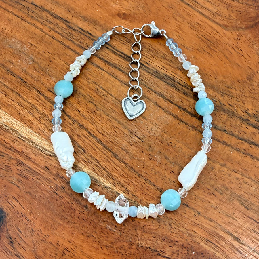 Pearl, Herkimer and Amazonite Handmade Bracelet Adjustable with Clasp  #BC0597