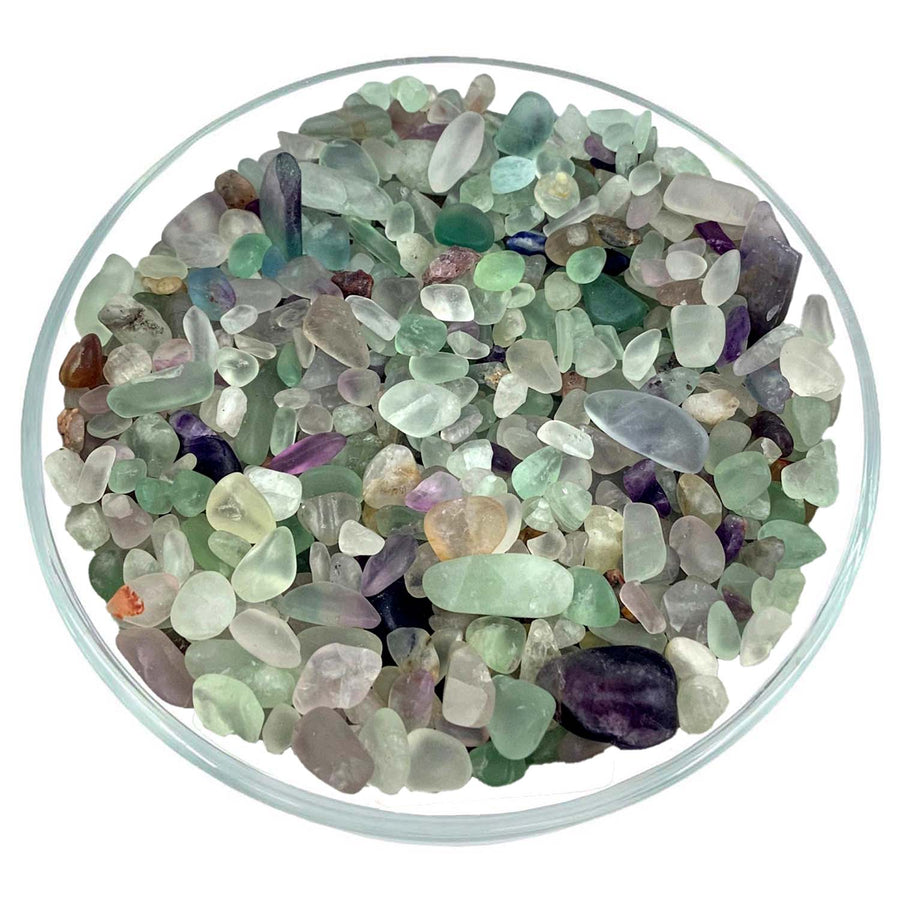 Bowl of polished pastel sea glass with 28gm Parcel Fluorite Chips #SK0479 inside