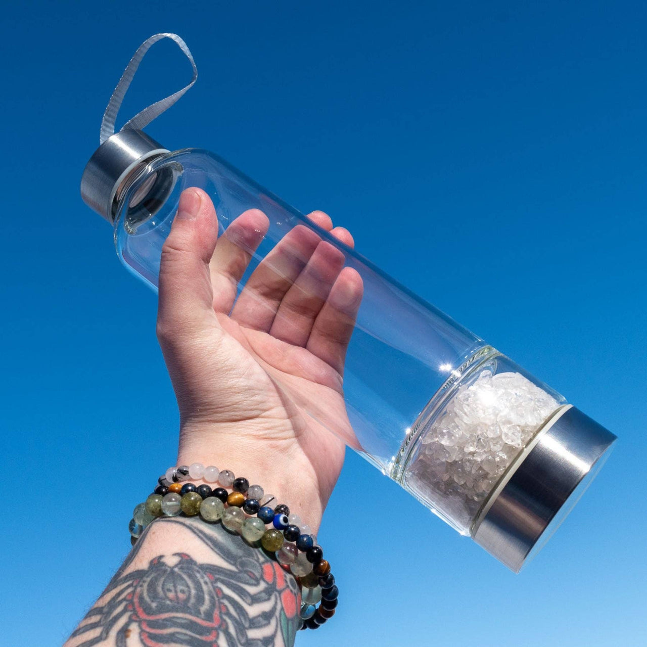 Glass Water Bottle with Crystal Compartment and Sleeve - includes mini crystals #BC0557