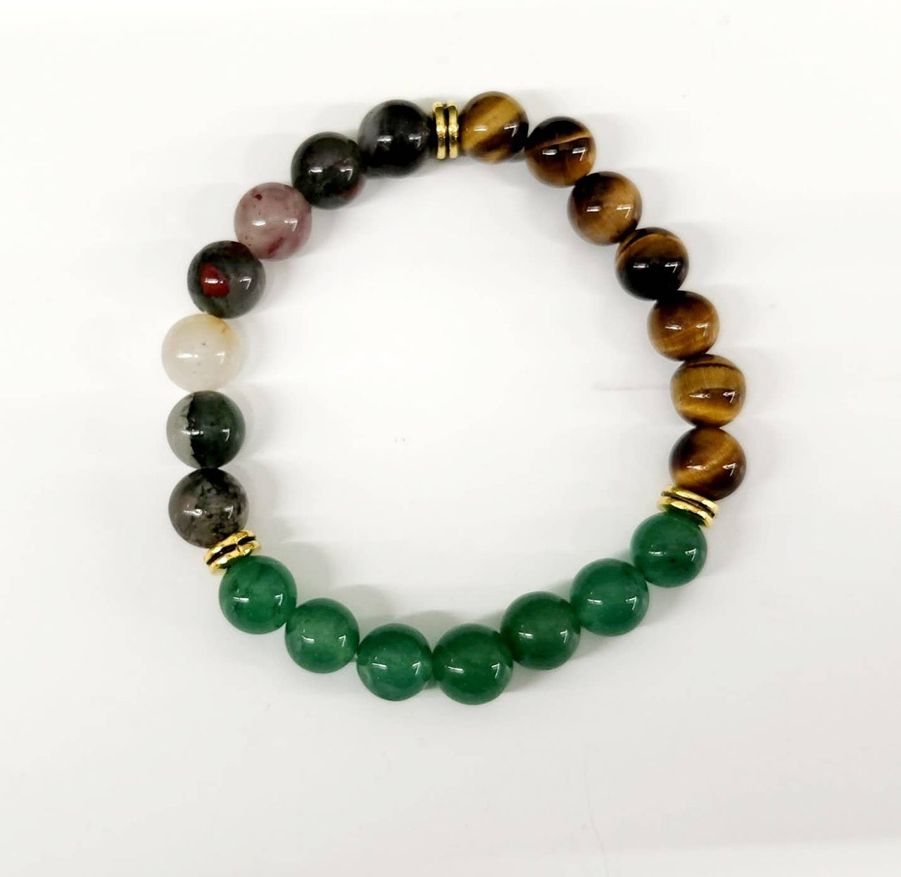 Abundance Bracelet - Green Jade, Tiger's Eye, Bloodstone 8mm Gemstone Beads #LV3998