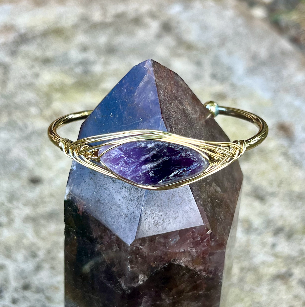 Amethyst Third Eye Gemstone Gold Bangle #LV4188