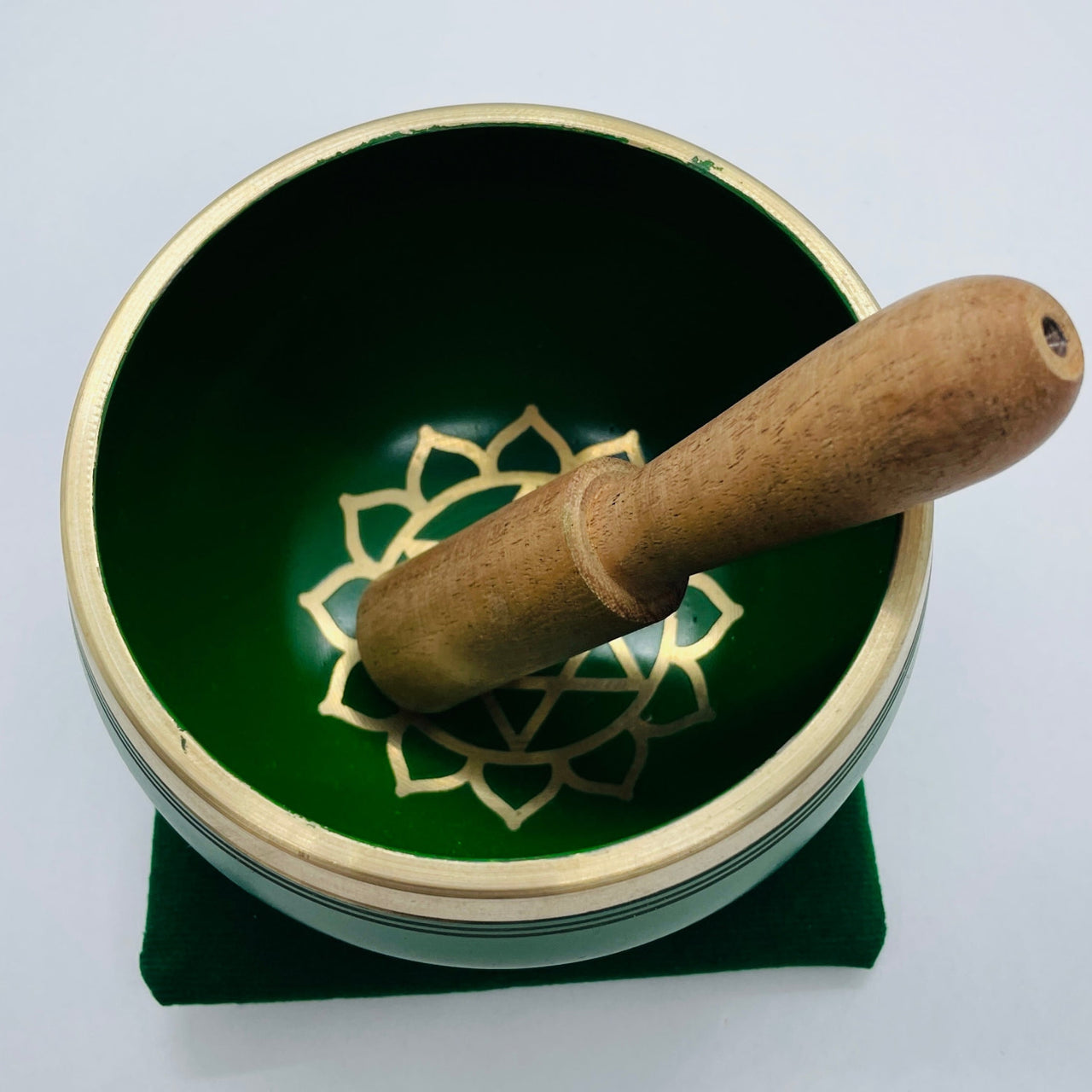 Green Chakra Singing Bowl with Wooden Striker and Lotus Design in Bowl Box Set