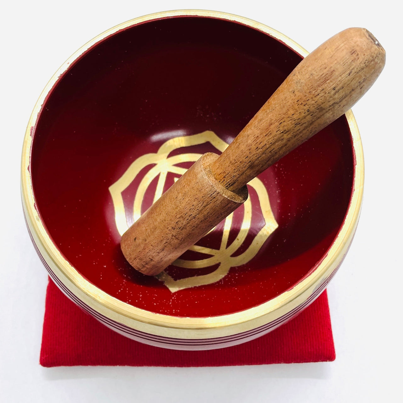 Red Chakra Singing Bowl with Wooden Striker and Gold Design in Bowl Box Set