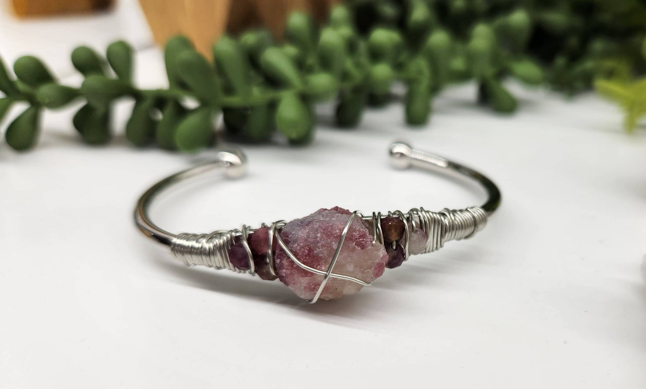 Pink Tourmaline Gemstone Wire Wrapped Bangle Cuff Bracelet #LV4379