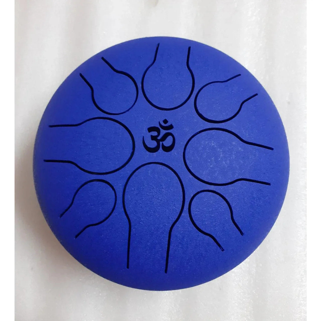 Blue Steel Tongue Drum with Om symbol in petal-tone sections, includes bag and mallets