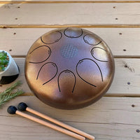 Thumbnail for Bronze-colored Steel Tongue Drum with tone markings and mallets in bag, model Q214